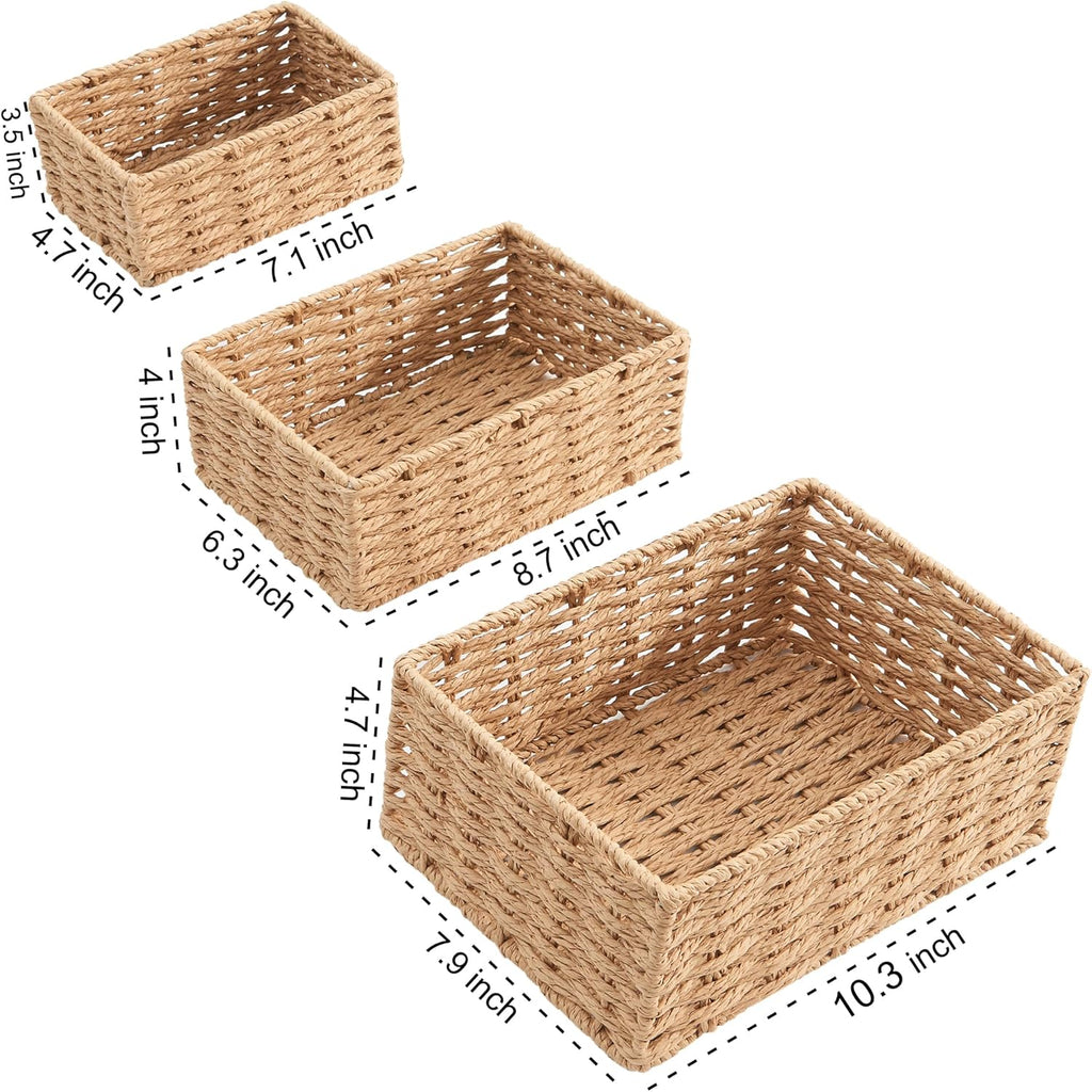 Small Wicker Basket for Organizing, Woven Storage Basket Set of 3 - Handwoven Natural Paper Rope Baskets to Declutter