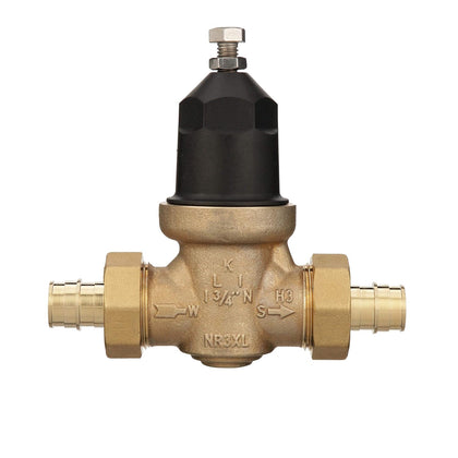Zurn Wilkins 3/4" NR3XL Pressure Reducing Valve with double union FNPT connection and a male barbed connection PEX tailpiece