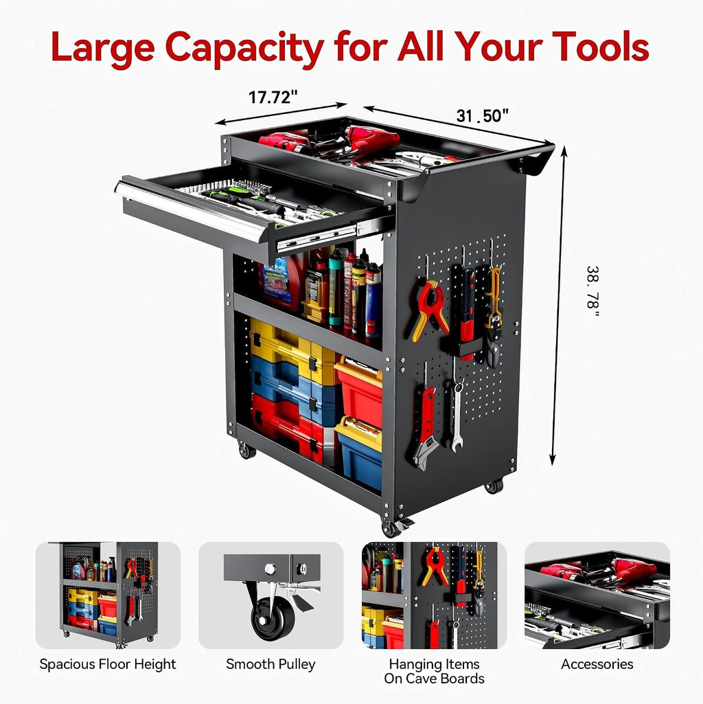 3-Tier Rolling Tool Cart with Drawer & Pegboard | 750LBS Load Capacity, Black Steel Rolling Tool Cart ,Mobile Utility