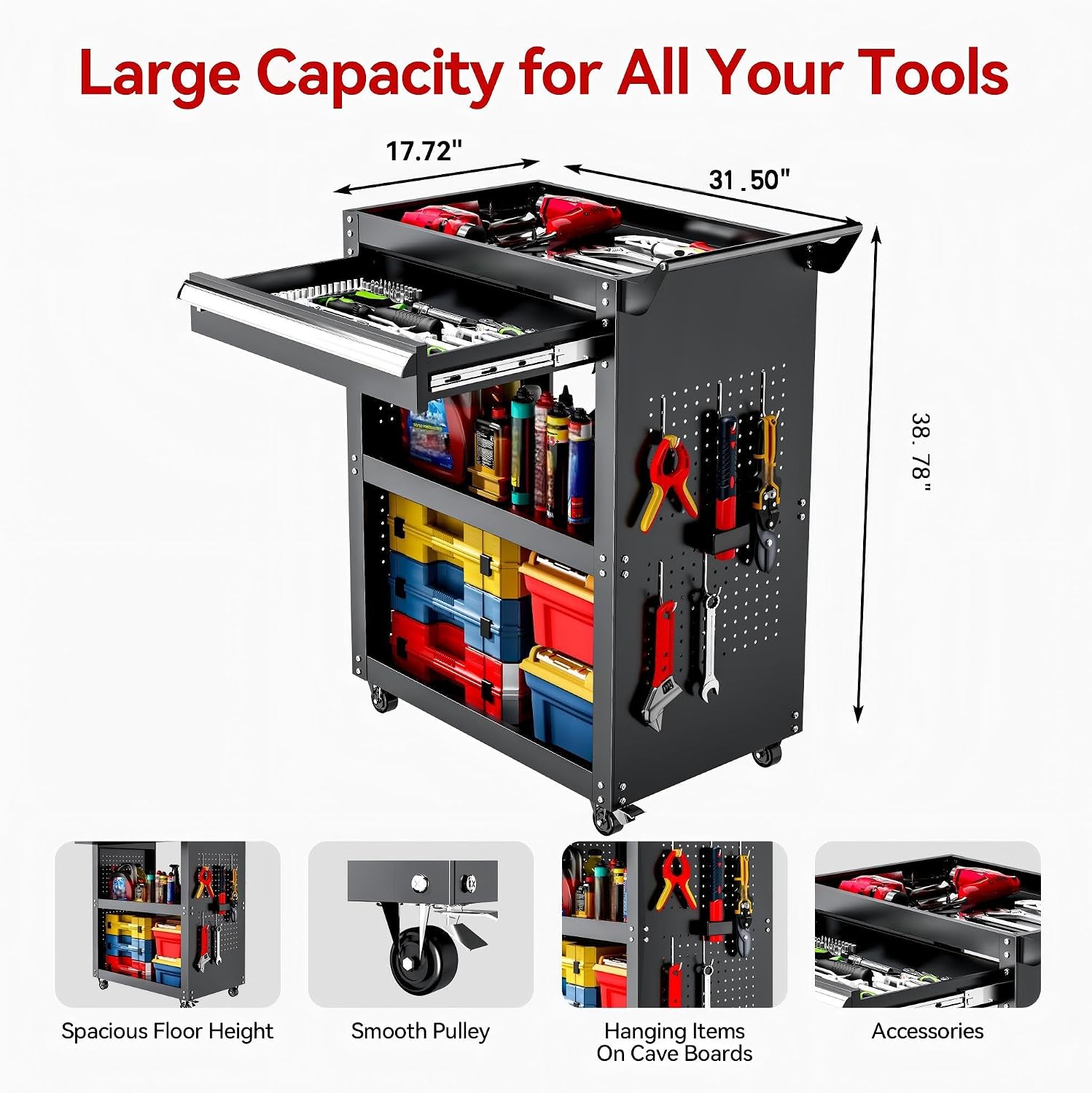 3-Tier Rolling Tool Cart with Drawer & Pegboard | 750LBS Load Capacity, Black Steel Rolling Tool Cart ,Mobile Utility