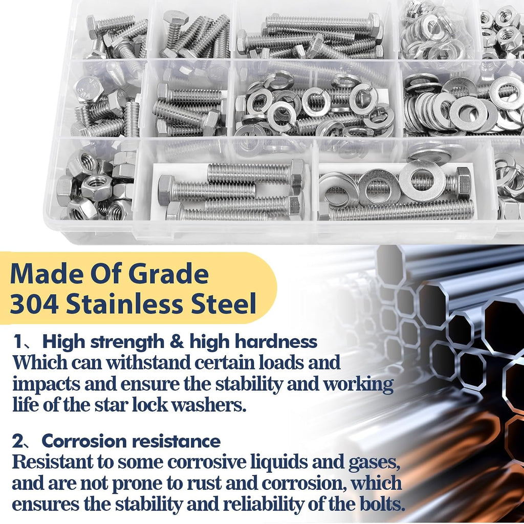 1/4, 5/16, 3/8 Hex Bolt and Nut Assortment Kit 260Pcs Stainless Steel