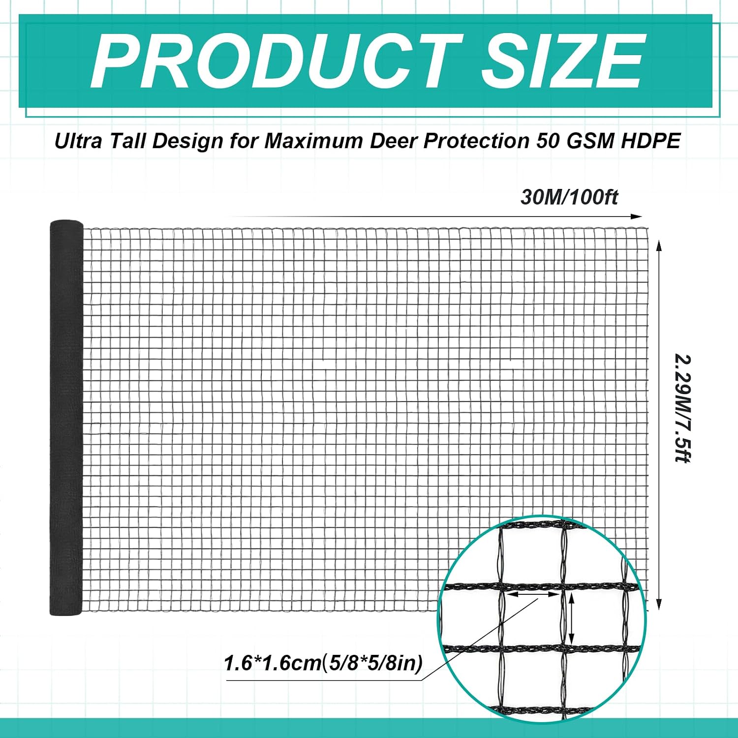 7.5ft*100ft Deer Fence Netting, Heavy Duty HDPE Mesh Animal Barrier, Black