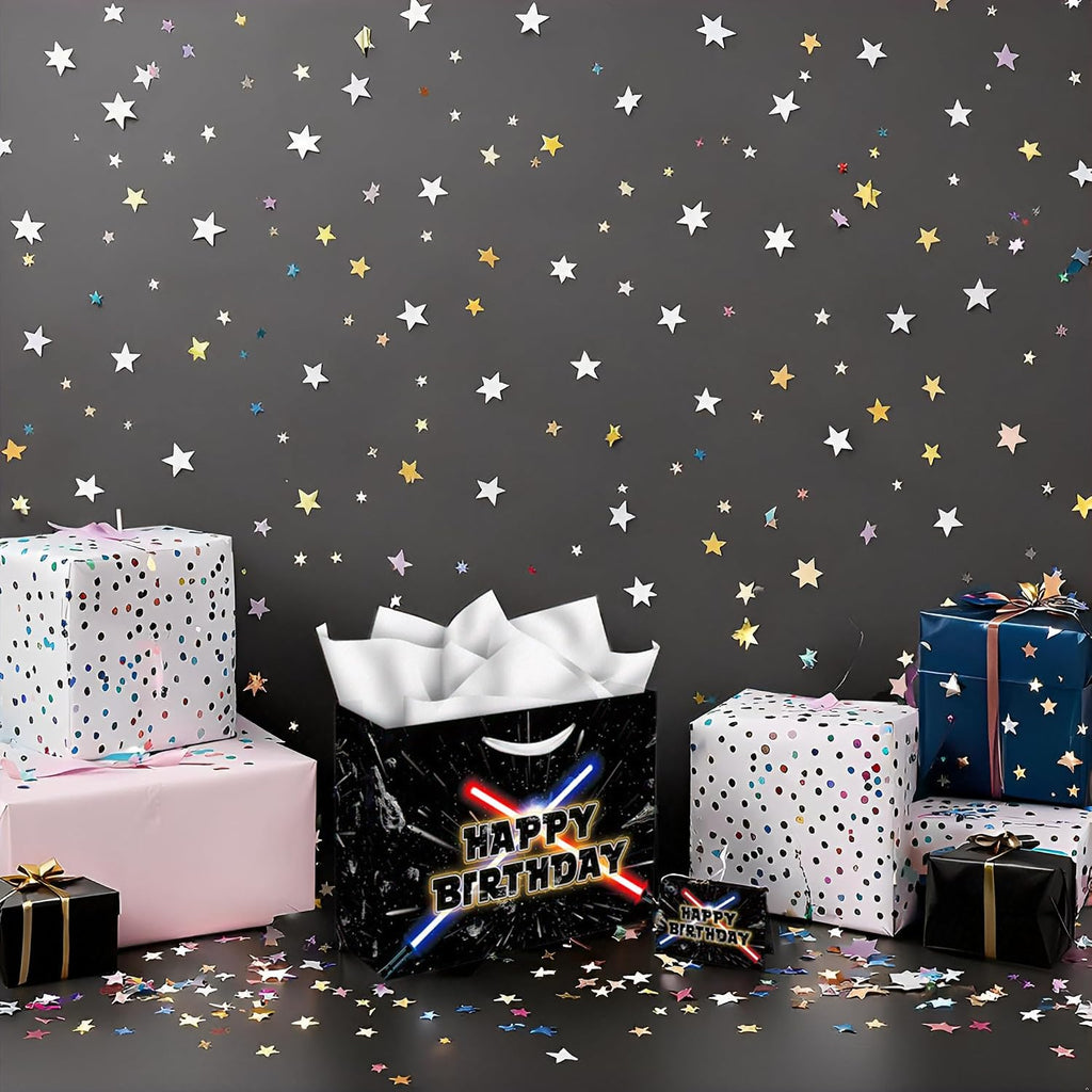 13" Large Star Party Galaxy Gift Bag Set with Greeting Card and Tissue Papers, Happy Birthday Gift Bags for Star