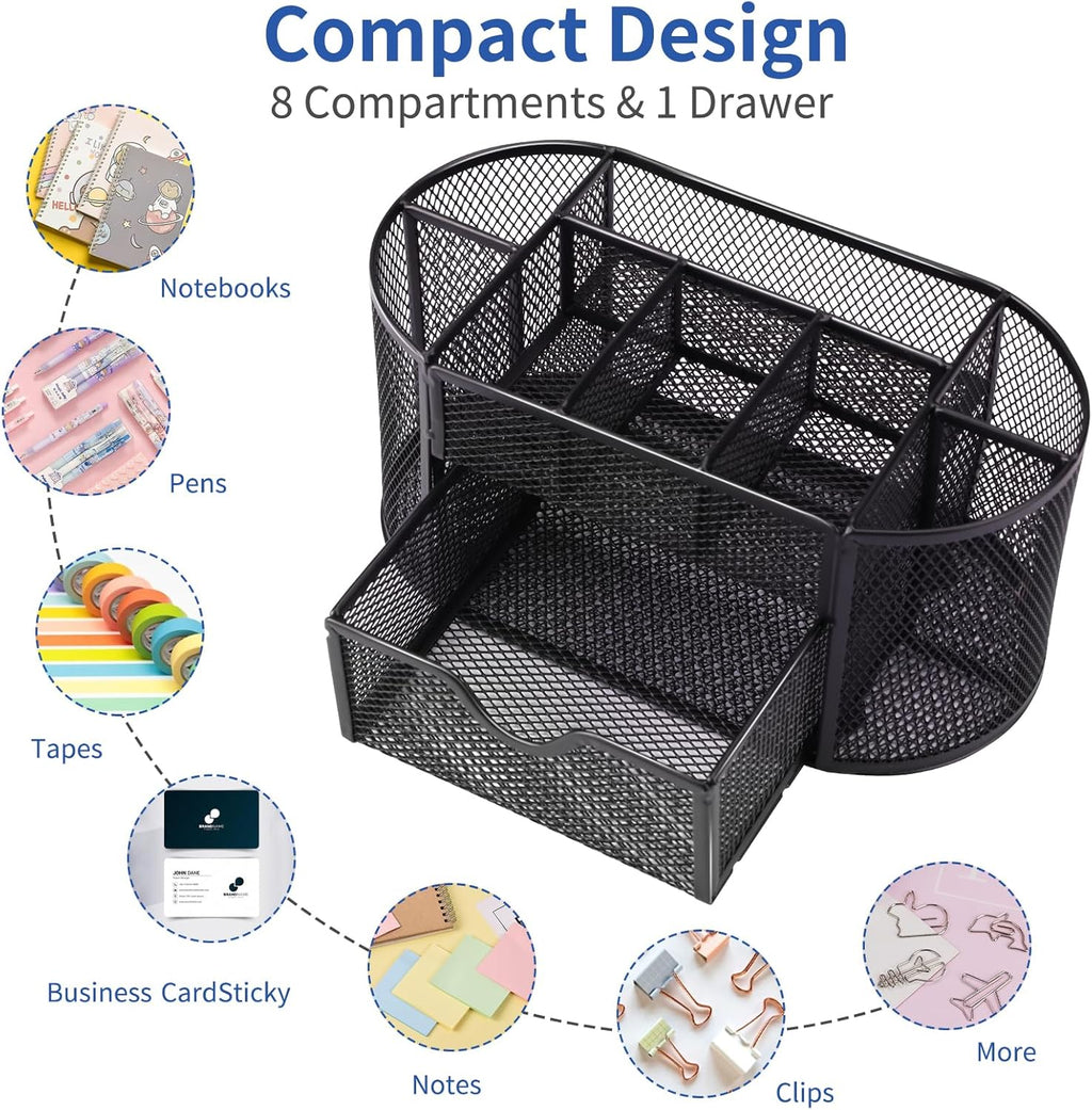Desk Organizer, Pencil Holder for Desk, Mesh Office Desk Accessories with 8 Compartments and 1 Drawer Stationery