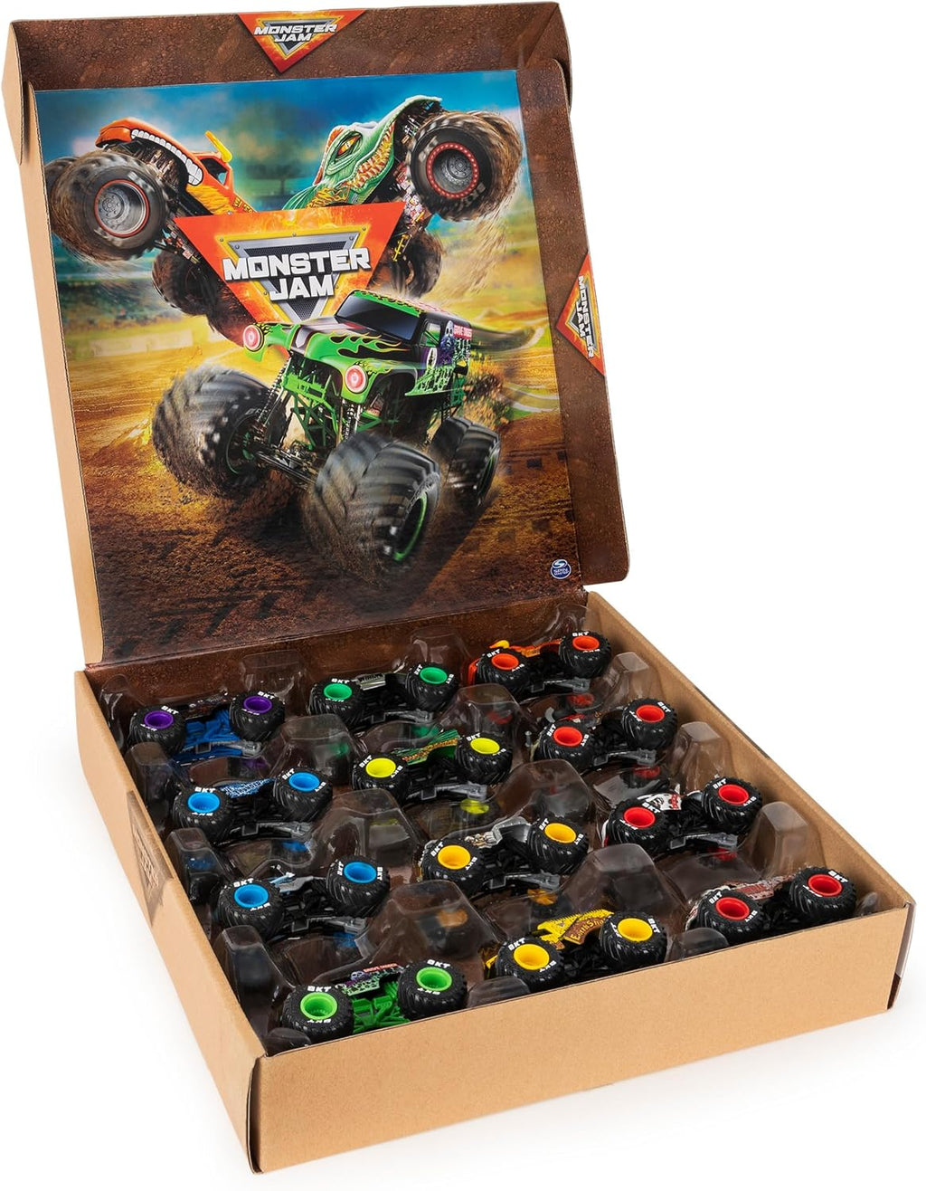 Official Die-Cast Monster Trucks, 1:64 Scale 12-Pack | 12 Exclusive Toy Trucks, Authentic Details & Graphics, Grave