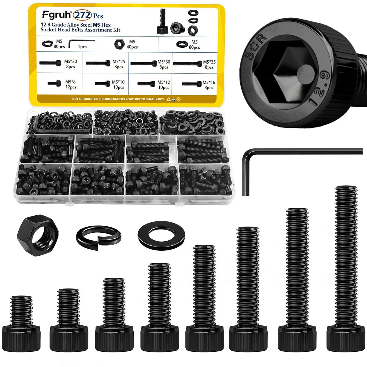 272PCS M5 Socket Screws Assortment Kit, M5x8/10/12/16/20/25/30/35 mm