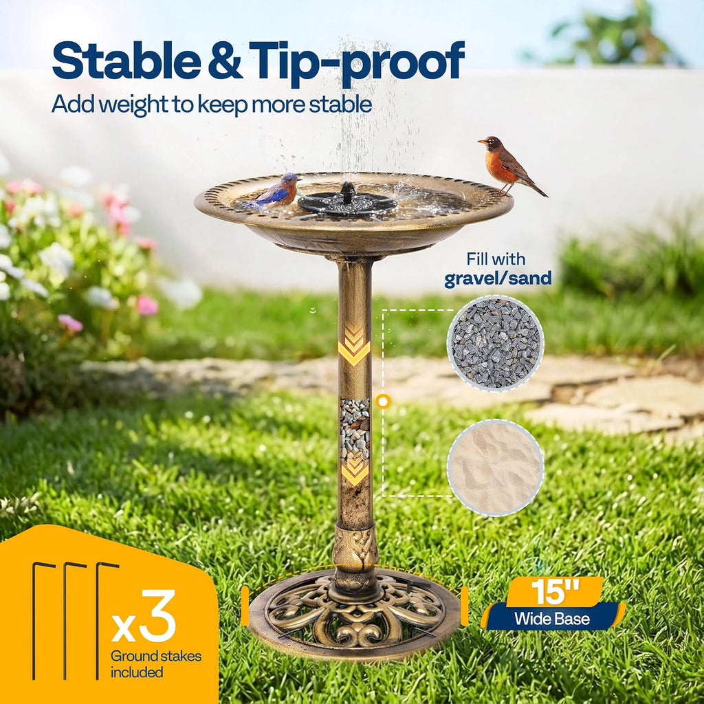 Bird Bath with Solar Fountain for Outside, Pedestal, Golden