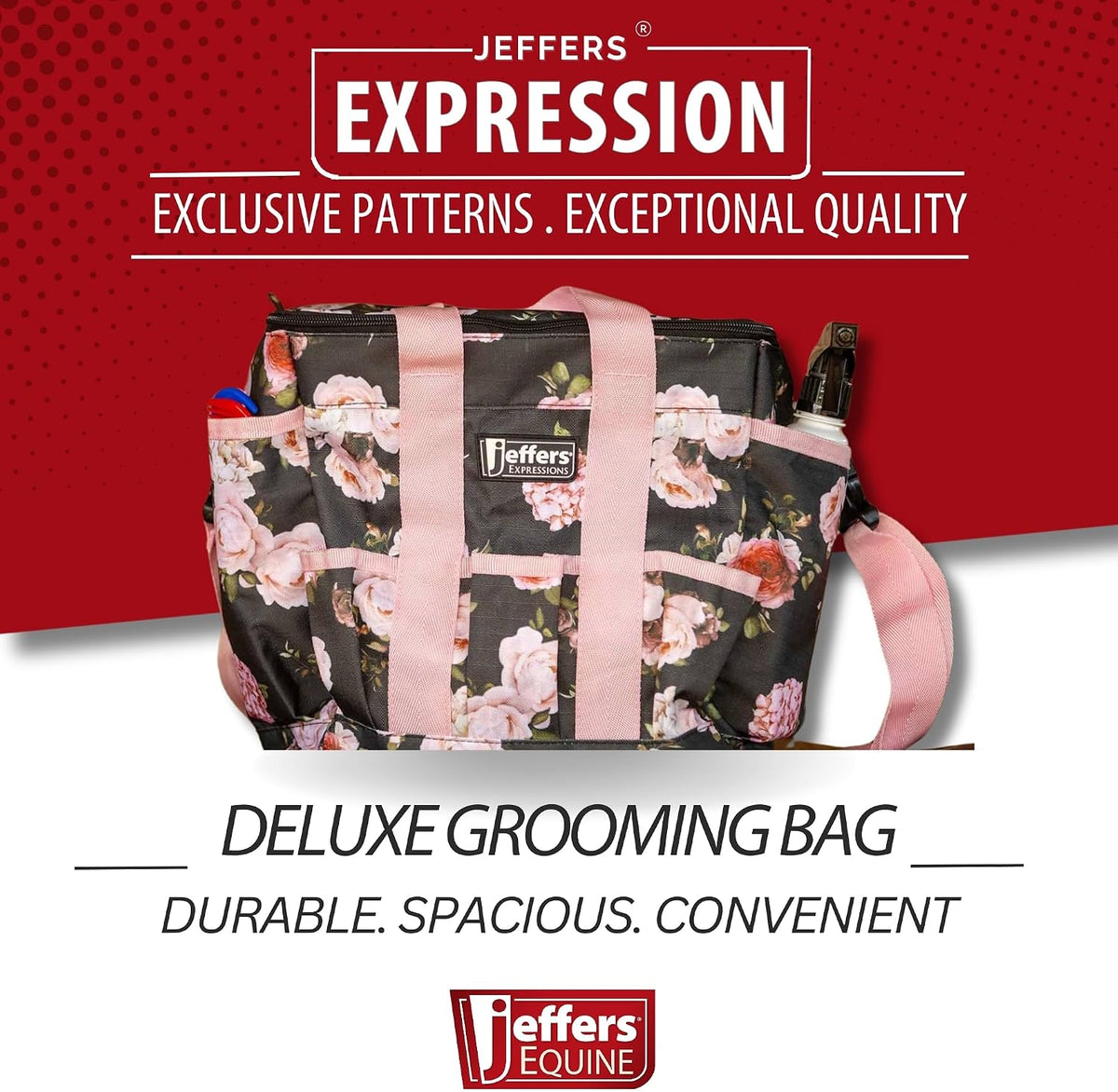 Expression Deluxe Horse Grooming Bag – Large Zip Top Equestrian Tote w/Multiple Pockets, Handles & Adjustable