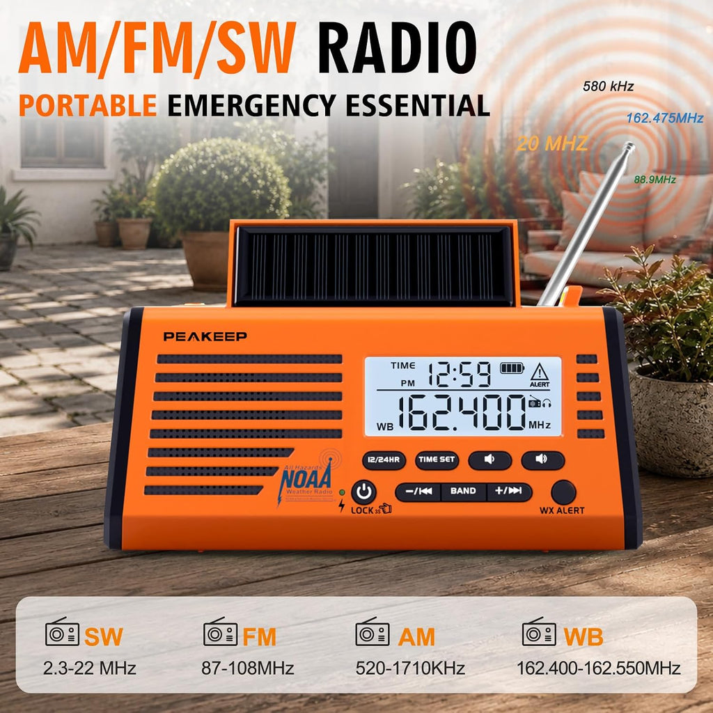 Emergency Radio NOAA Weather Alert Battery Solar Crank Powered | AM FM SW Portable Radio, Rechargeable Battery
