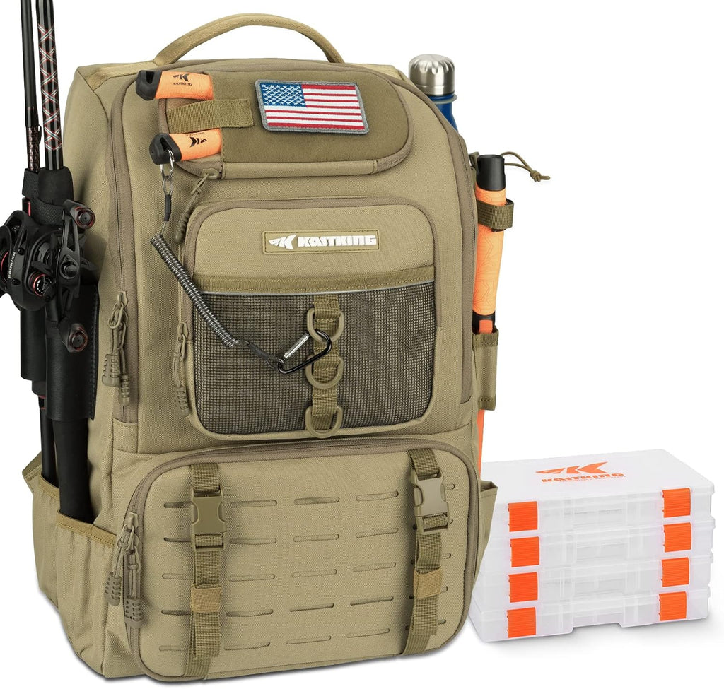 KarryAll Fishing Backpack with Rod Holder 4 Tackle Boxes, 40/26L | Tackle Bag Storage Fishing Gear and Equipment