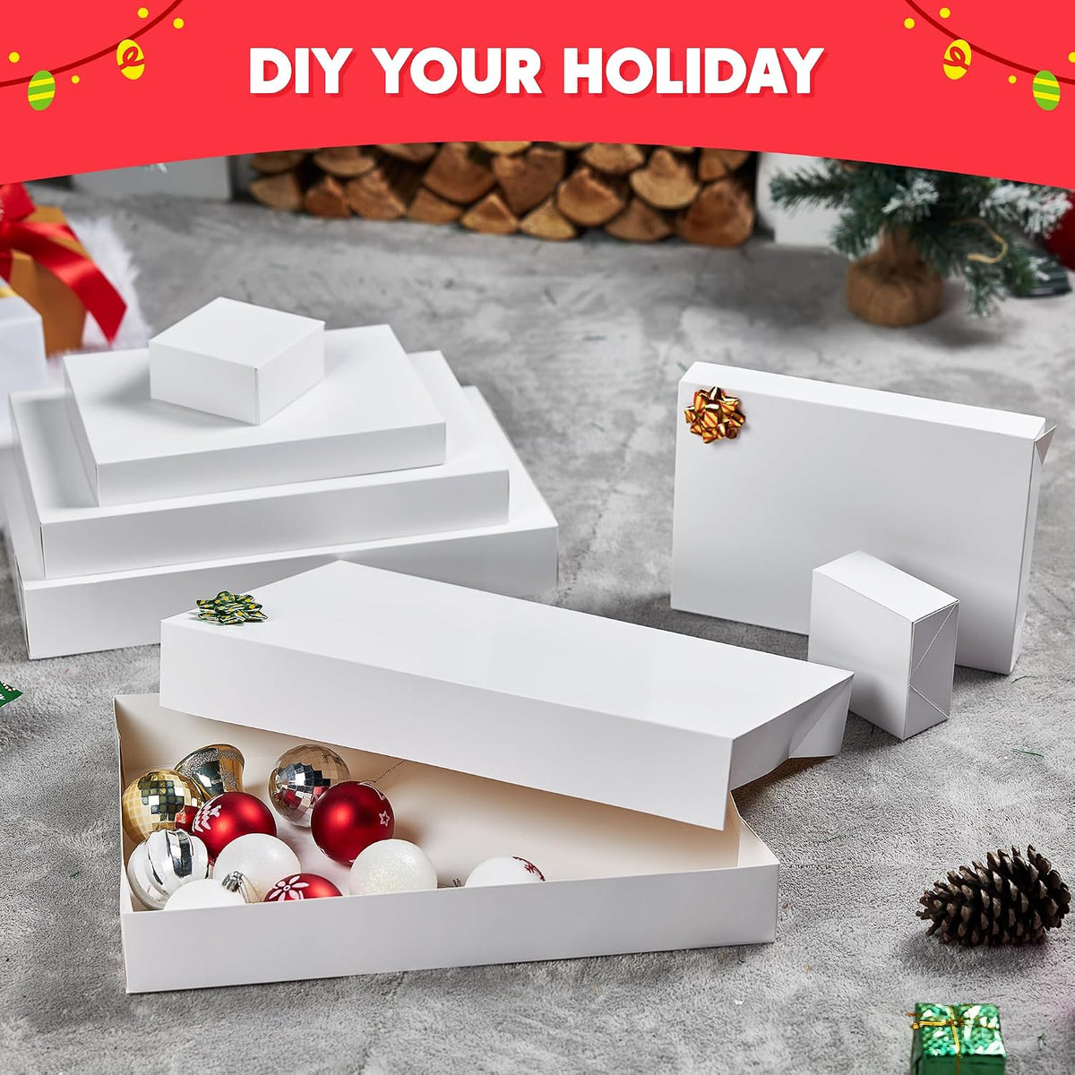 12PCS 17" Christmas Shirt Gift Boxes with Lid for Presents, Extra Large 4" Deep White Paper Box, 4 Assorted Different