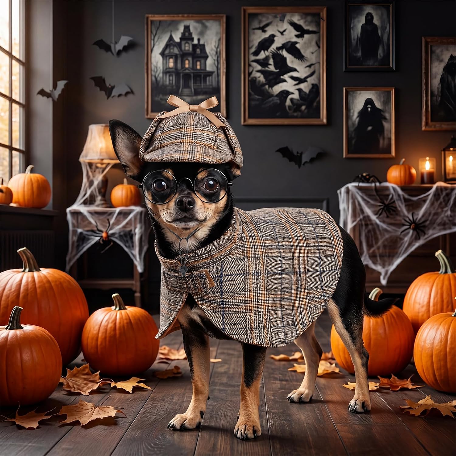 Dog Costume Set Detective Cloak Hat and Glasses for Small Dog and Cat | Pet Detective Costume for Halloween Party