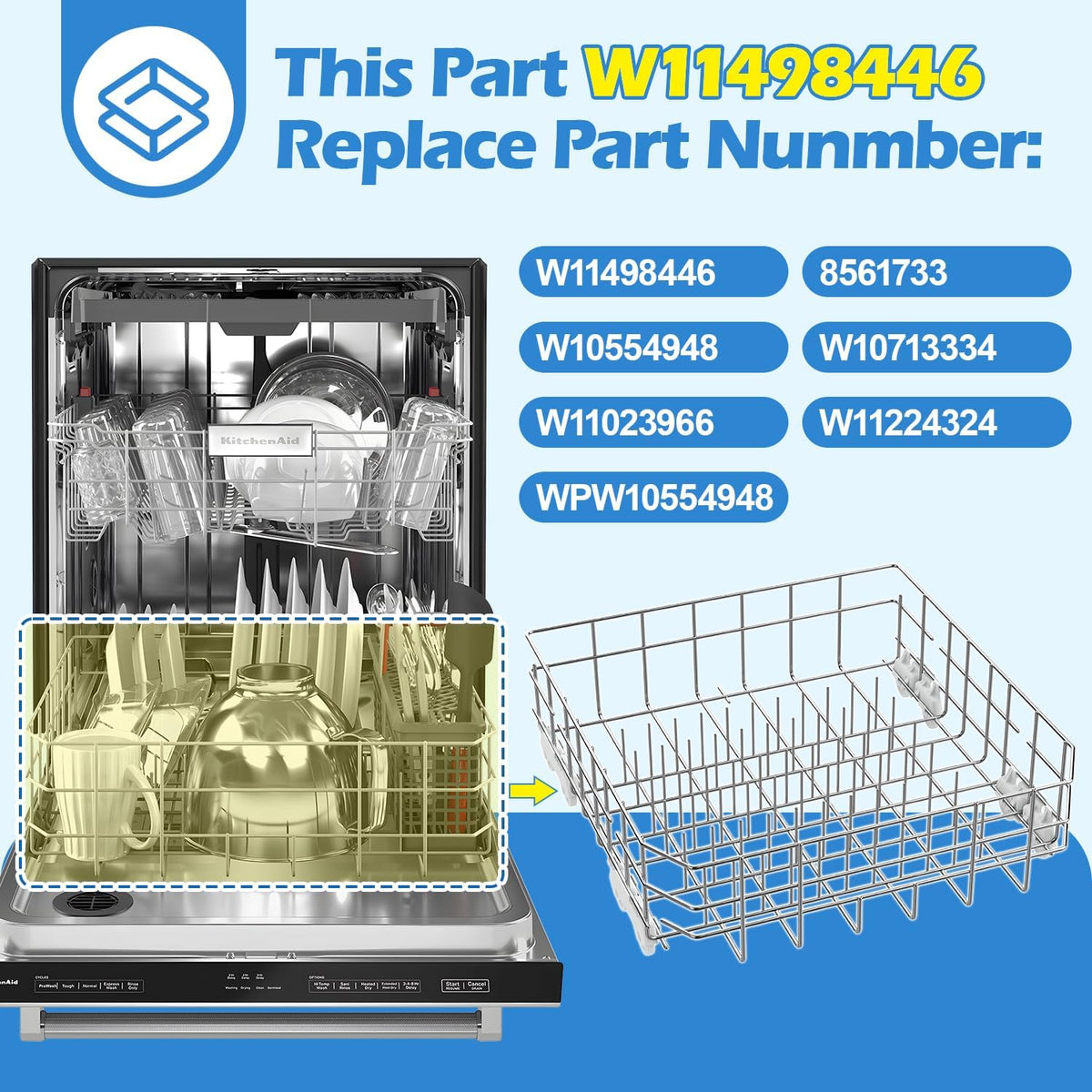 W11498446 Lower Dishrack Assembly for Whirlpool Dishwasher Rack Replacement