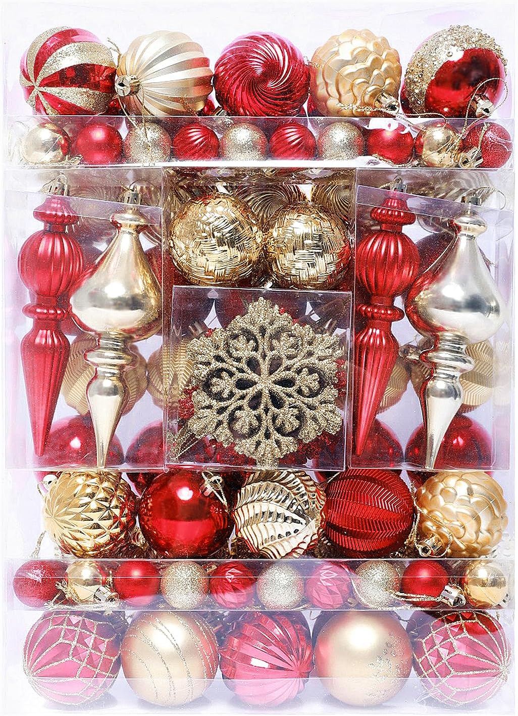 116ct 1.18-6.5" Red Gold Christmas Tree Ornaments Decorations Set | Shatterproof Luxury Assorted Hanging Baubles