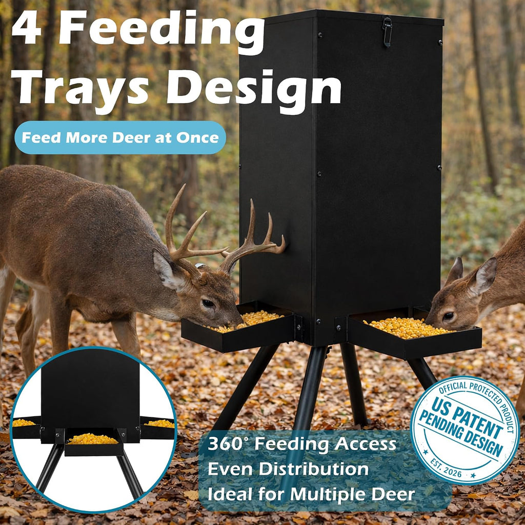 Deer Feeder 60-70 lbs, Weatherproof Deer Feeders, Heavy Duty Metal Gravity Deer Feeder with 4 Feeding Tray and 4-Leg