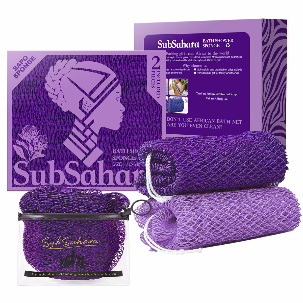 African Net Sponge, Exfoliating Body Scrubber for Back, 2 Pack