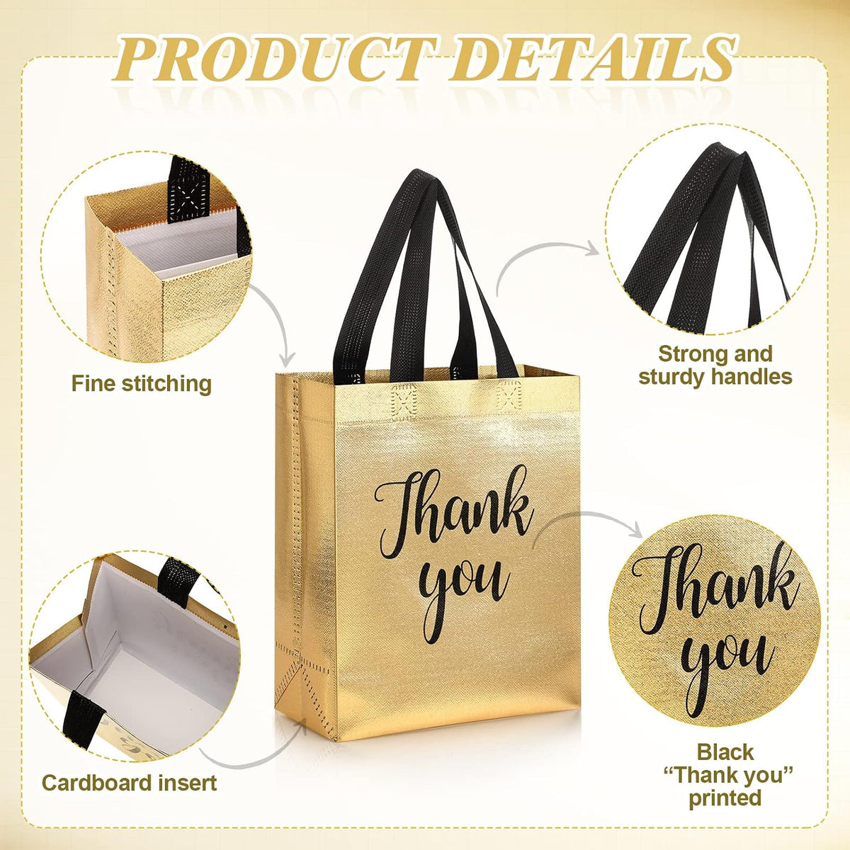 50 Pcs Gold Glossy Thank You Gift Bag with Handles