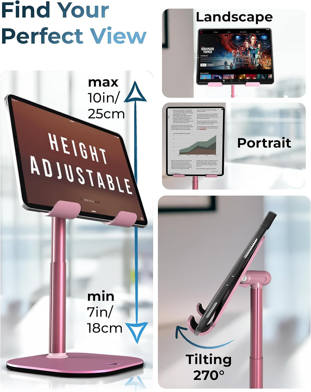 TabHolder, 7-10" Height Adjustable Tablet Stand, Premium iPad Stand for Desk, 270° Tilt iPad Holder, Kindle Holder