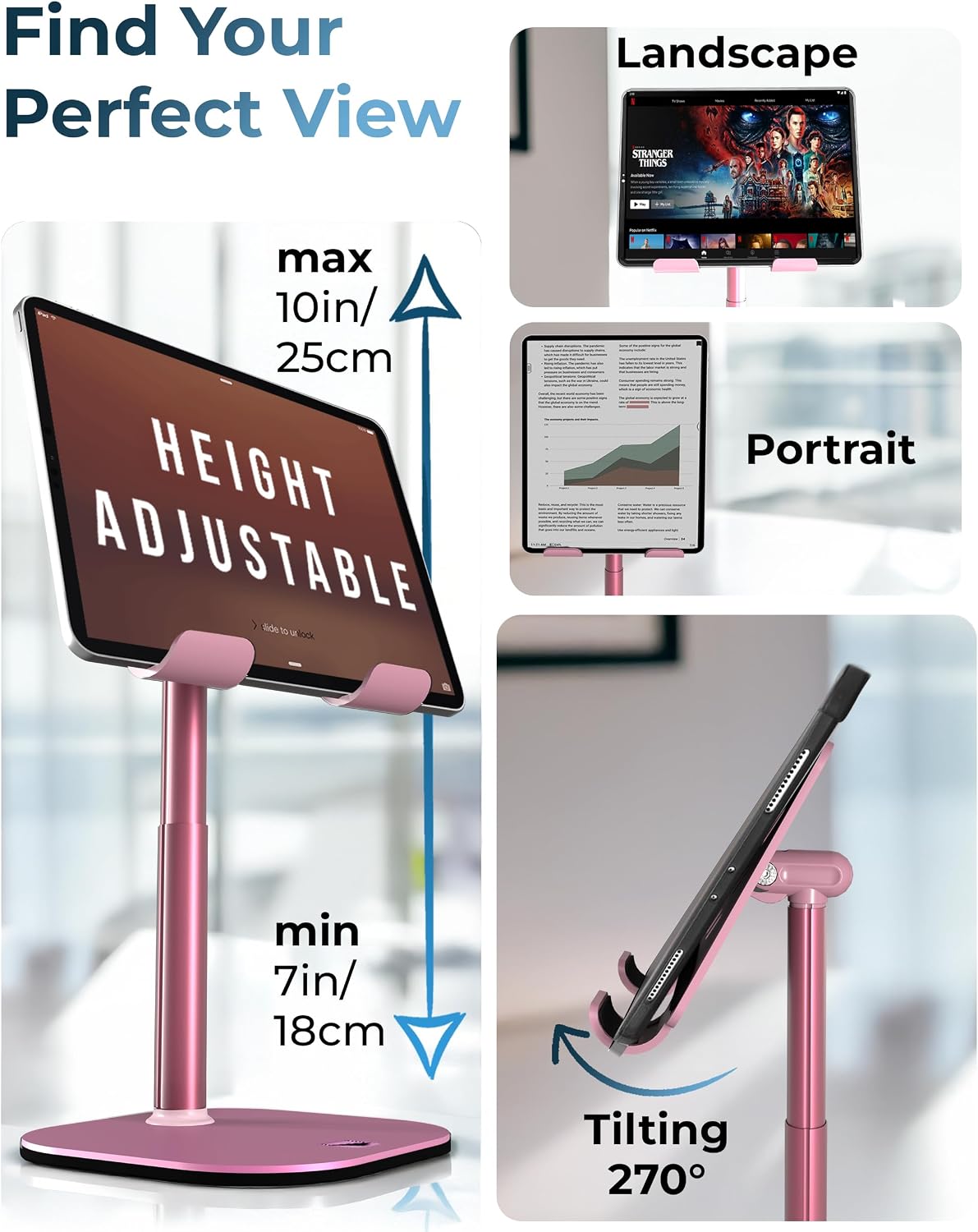 TabHolder, 7-10" Height Adjustable Tablet Stand, Premium iPad Stand for Desk, 270° Tilt iPad Holder, Kindle Holder