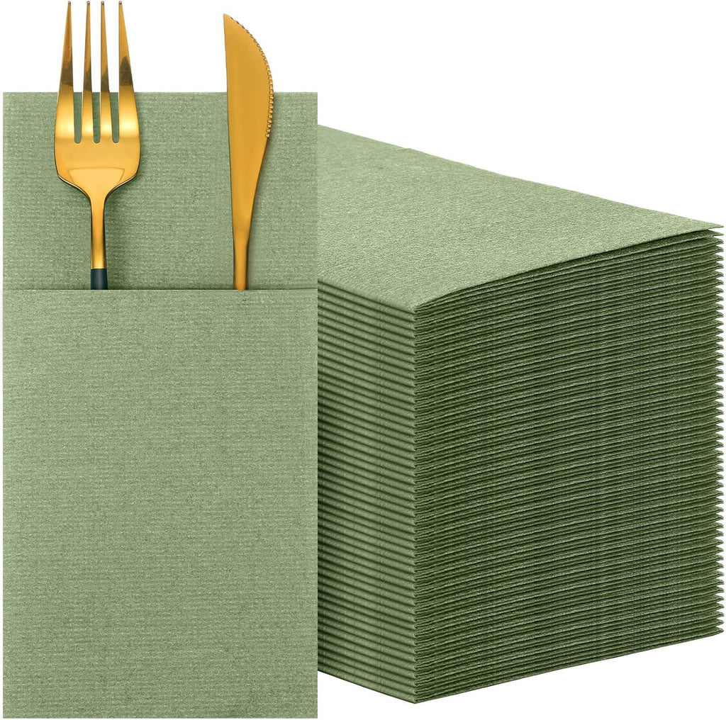 200 Pcs Linen Feel Dinner Napkins with Flatware Pocket,Sage Green
