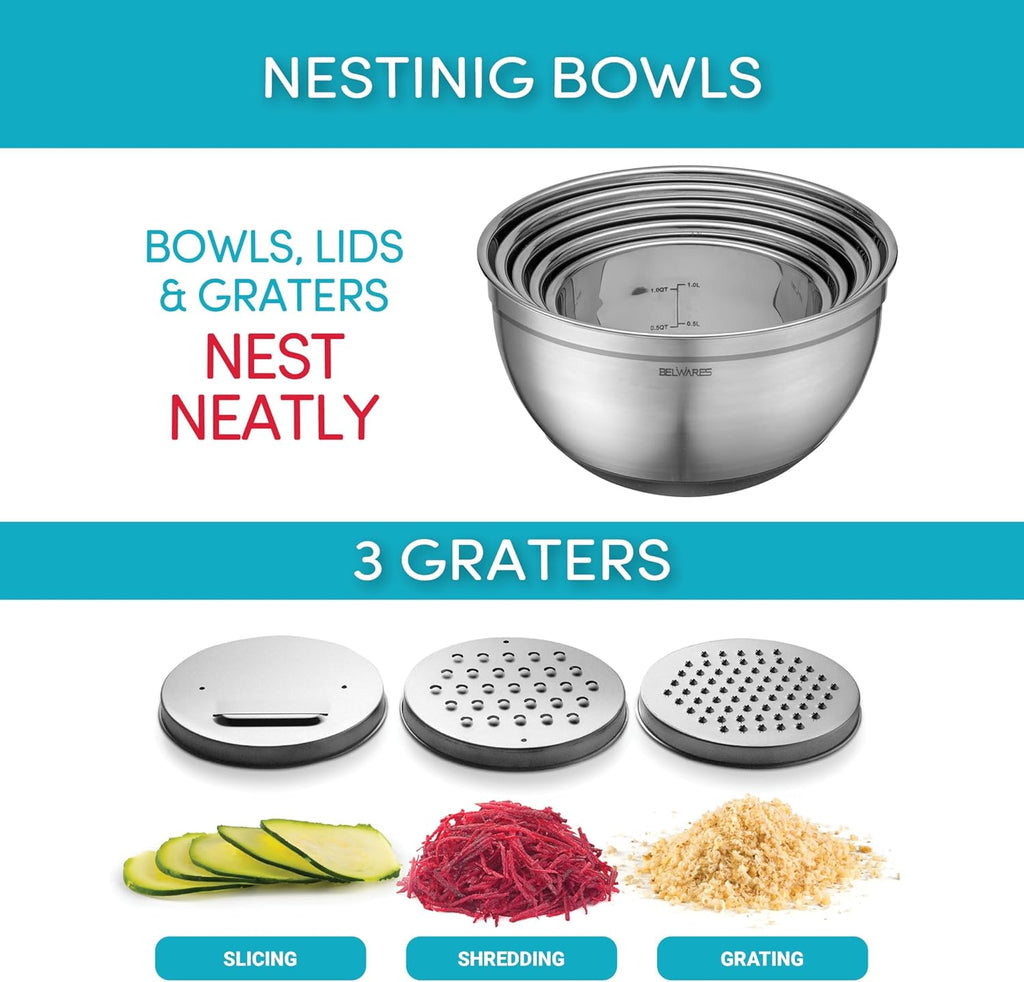 Mixing Bowls with Lids Set of 5 - Stainless Steel Mixing Bowl Set, Kitchen Nesting Metal Bowls with Non Slip Bottoms