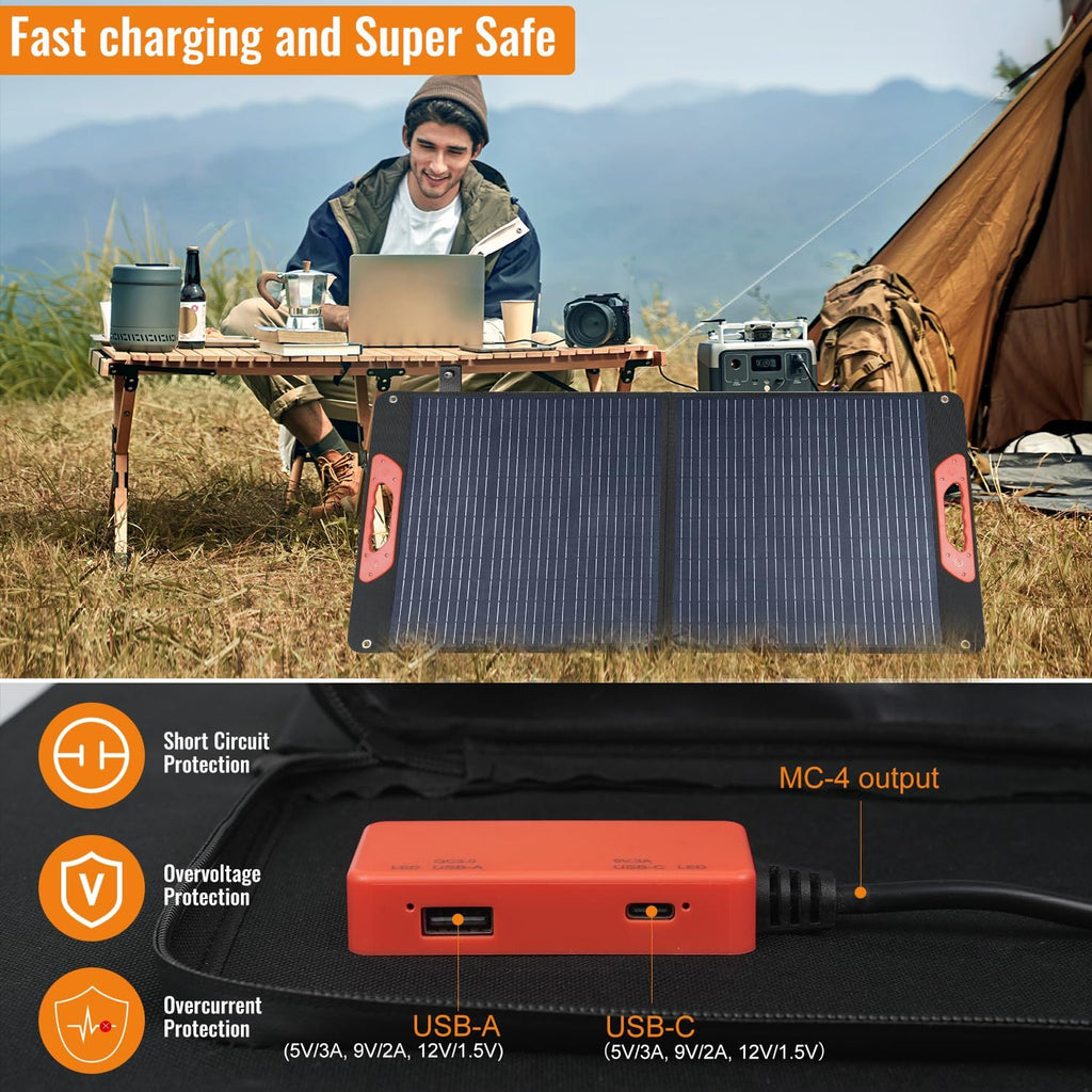 100W Foldable Solar Panel - Charger for Power Stations | Monocrystalline 23.5% High Efficiency QC3.0 USB-A/USB-C