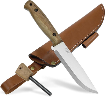 Adventurer - Bushcraft Knife - Fixed-Blade Carbon Steel Knife with Leather Sheath and Firestarter - Outdoor Full Tang