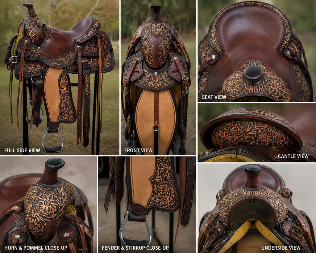 Hand Tooled Western Horse Saddle with Tack Set Genuine Leather Trail Ranch Barrel Racing Saddle Floral Carved 15-18 Inch
