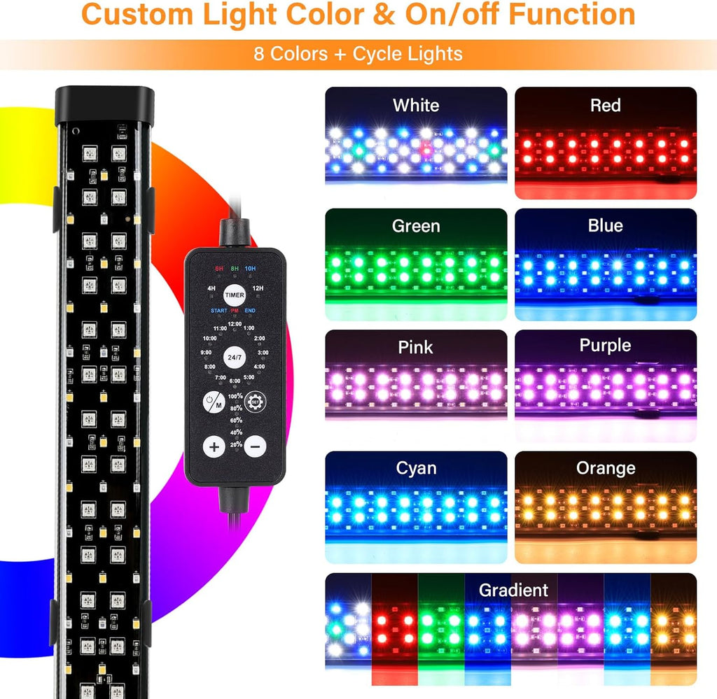 Submersible LED Aquarium Light, 11W 12 in 24/7 Mode Fish Tank Light with 5 Rows Beads, with Timer 9 Colors and