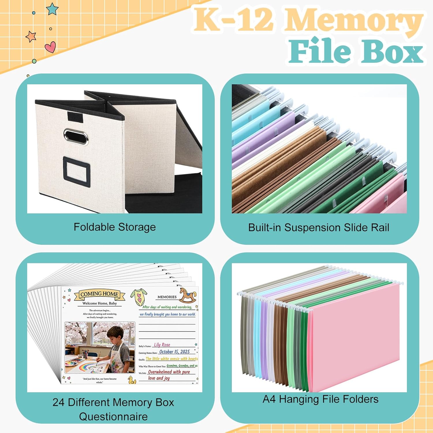 School Memory Organizer Box Kit K-12 School Years Memory Keepsake with 24 Different Memorys Questionnaires 24 Hanging