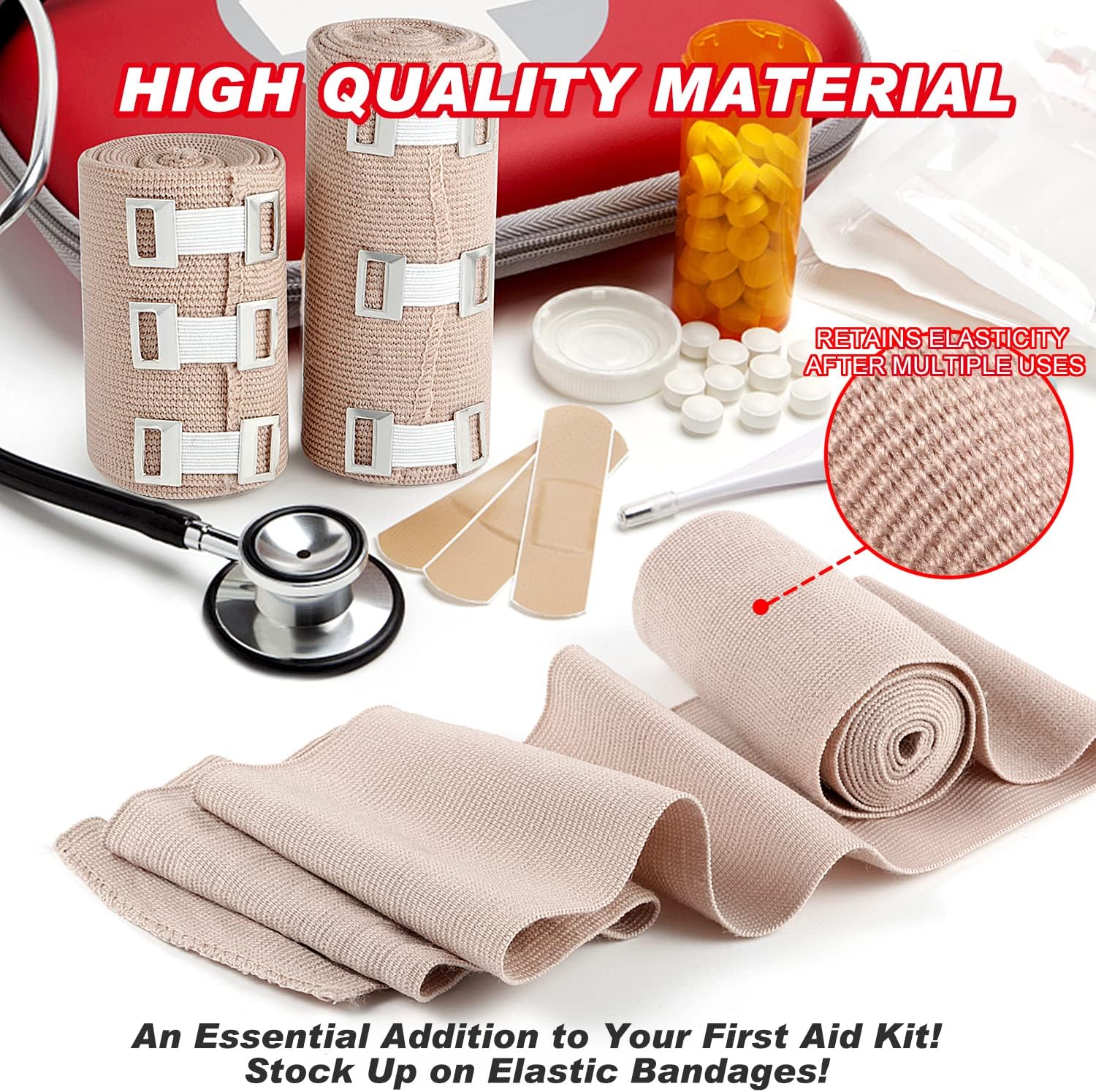 Elastic Bandage Wrap 4 Pack(2 X 3 + 2 X 4 Wide Rolls) + 24 Clips | Stretch Compression Bandage Stretches up to 15ft |