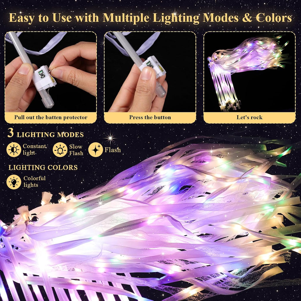 100 Wedding Send Off Light Up Wands with 4-Color LED Ribbons,Flashing Magic Wands with Bells & Streamers,Safe