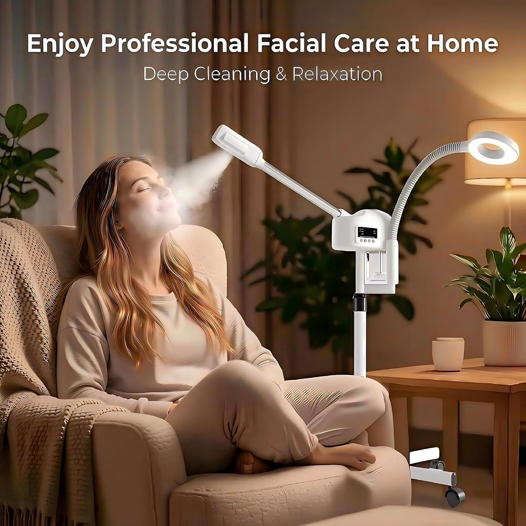 Professional Facial Steamer with Magnifying Lamp for Estheticians. | 2 in 1 Ozone Steamer for Face, White.