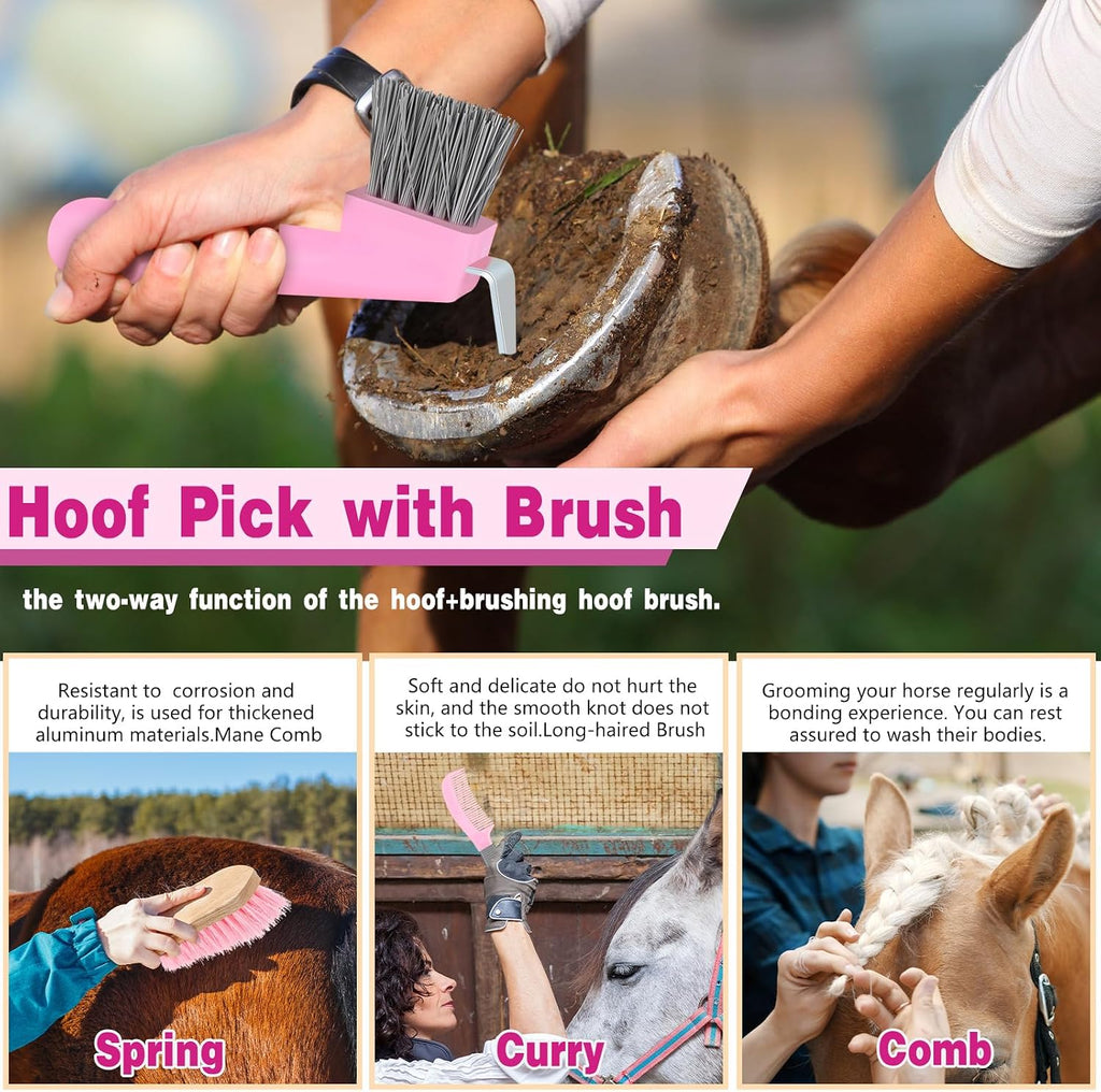 12 Pieces Horse Grooming Kit Equine Care Brushes, Pink and Grey