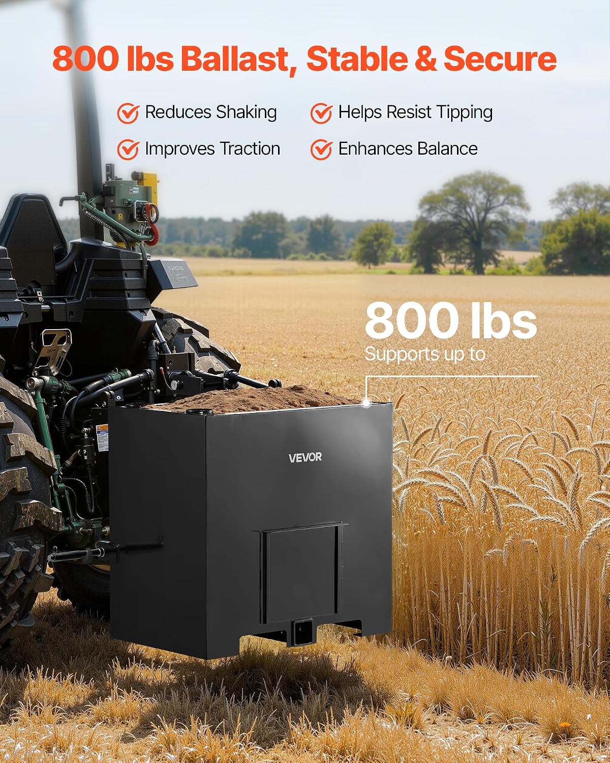 Ballast Box, 3-Point Category 1 Tractor Ballast of 800 lbs Capacity, with Standard 2 Inch Hitch Receiver, Heavy-Duty