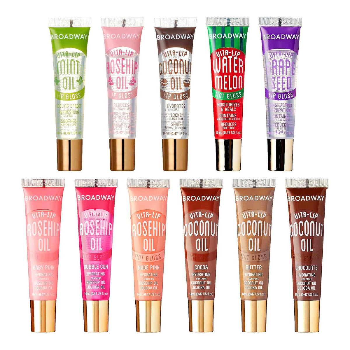 Broadway Vita-Lip Tinted & Clear Lip Gloss Set (11 Pack) Ultra-Hydrating & Soothing Formula with Vitamins, High-Shine