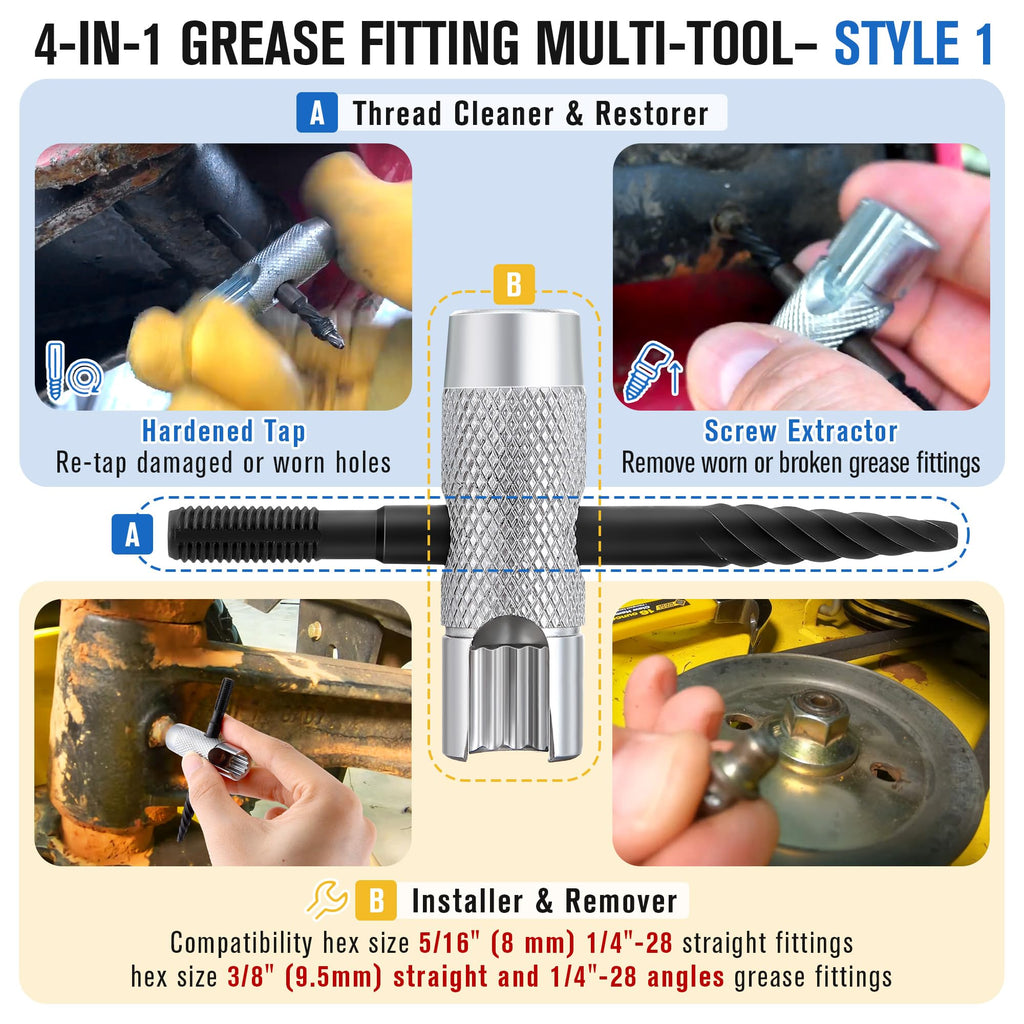 Complete Grease Fitting Replacement Kit, Grease Gun Zerk Fitting Tool