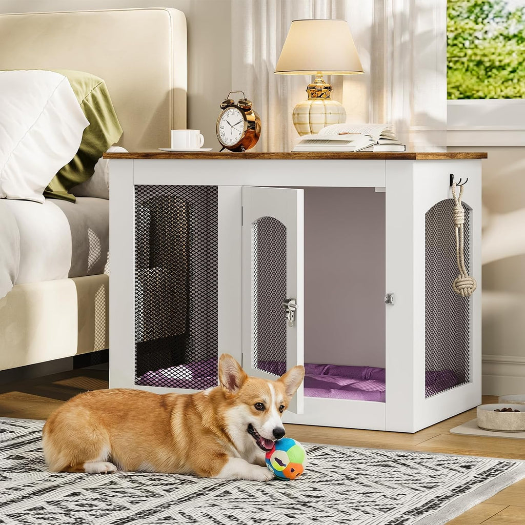 Wooden 30.1" Dog Crate Furniture, Farmhouse Pet Cage End Table with Secure Lock, Ventilated Mesh for Medium Dogs, Dog
