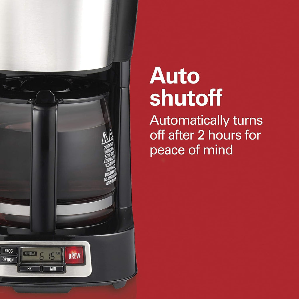 5 Cup Drip Coffee Maker with Easy FrontFill Basket | Compact Design | Programmable Clock | Glass Carafe | Auto Pause