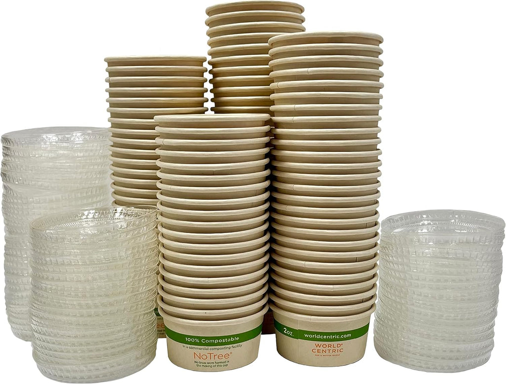 2 Ounce Souffle Cups and Lids - 100% Biodegradable and Compostable - 100 Pack