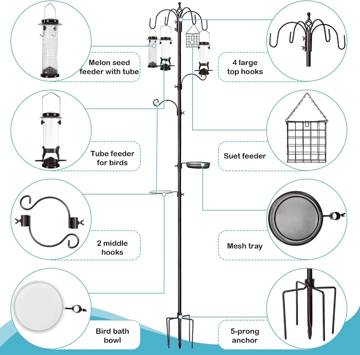 6-Hook Bird Feeding Station, 94 Inch Bird Feeder Pole for Outdoors