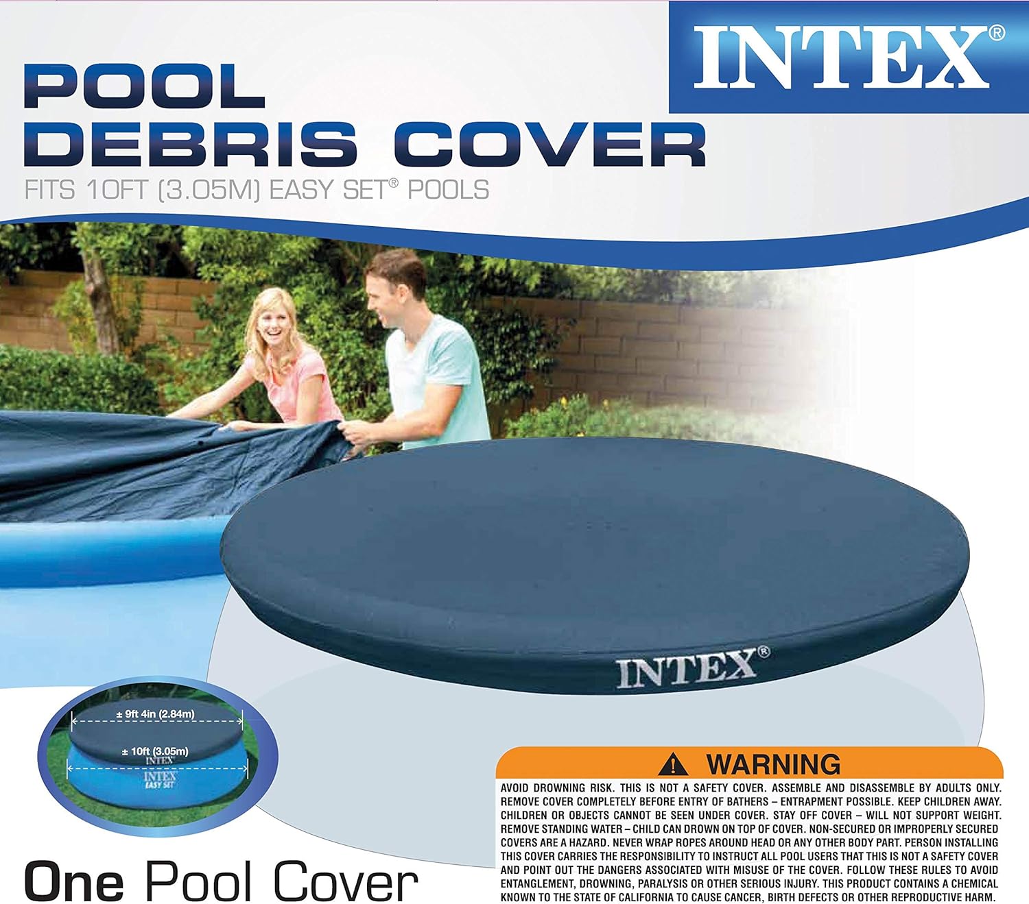 28021E Pool Cover: For 10ft Round Easy Set Pools – Includes Rope Tie – Drain Holes – 12in Overhang – Snug Fit