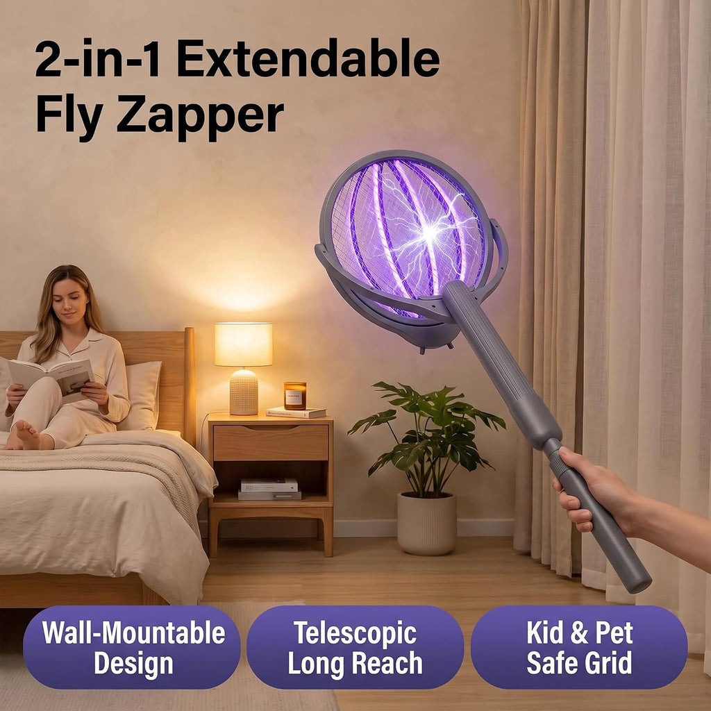 Rotating Head Electric Fly Swatter Rechargeable, 360° Swivel Mosquito Zapper Racket with Telescopic Extension Handle