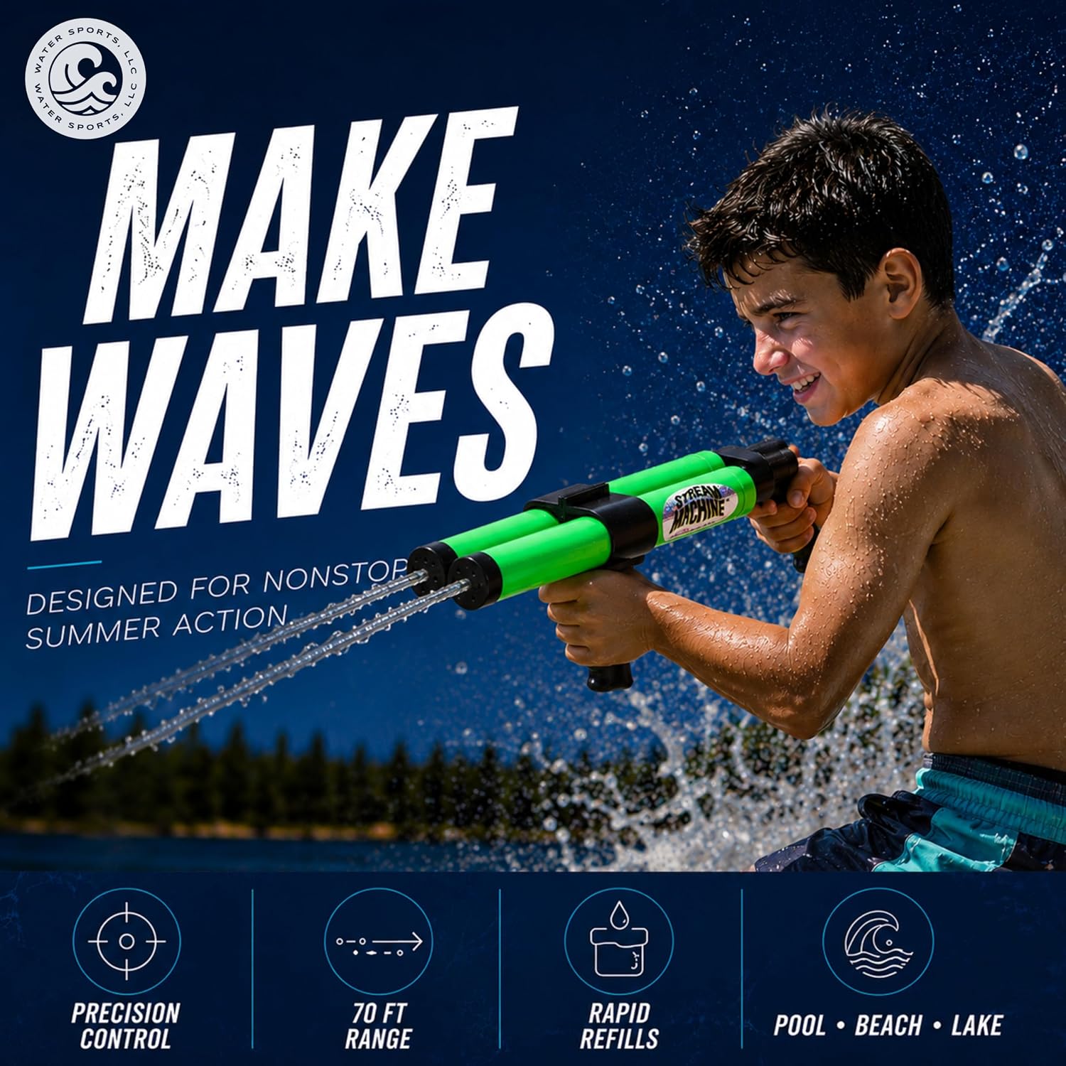 Stream Machine DB-1500 Pack of 1, Double Barrel Long Range Water Launcher | Color Will Vary, Water Gun, Pool Toy