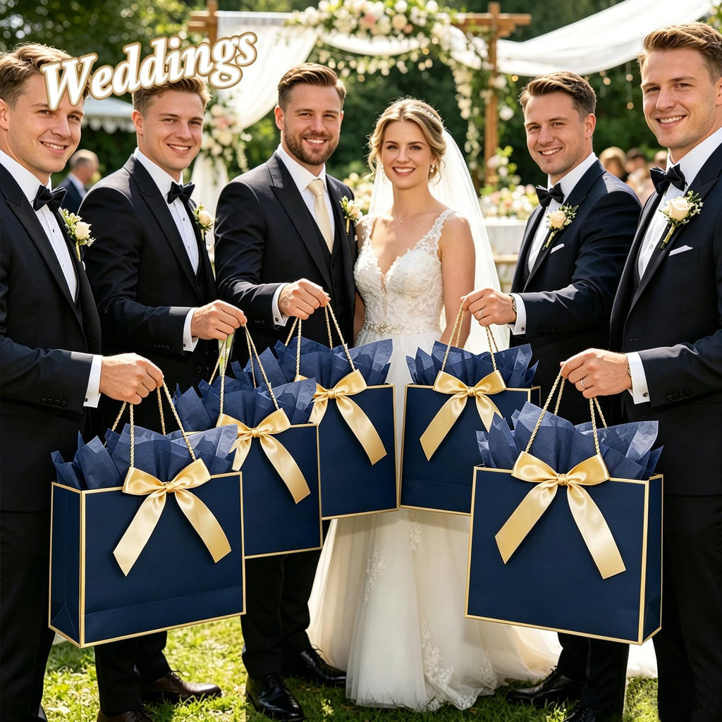 6 Pack Navy Blue Large Gift Bags with Handles & 18 Tissue Papers