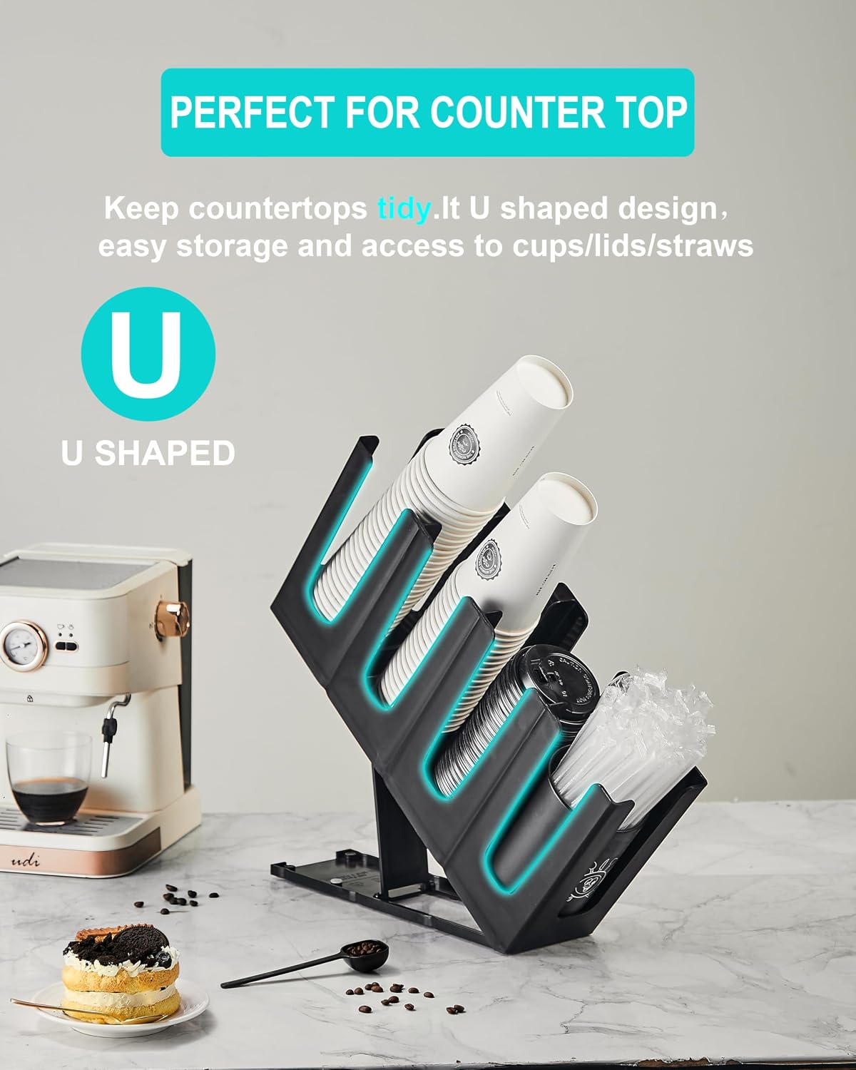 Cup Holder Lid Dispenser with Straw Organizer,Disposable Coffee Cup Dispenser,Cup Storage Organizer for Breakroom