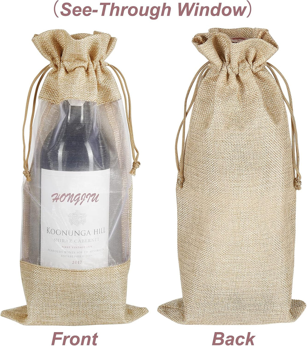 Wine Gift Bags, 10pcs Drawstring Bottle Bags with Sheer Window