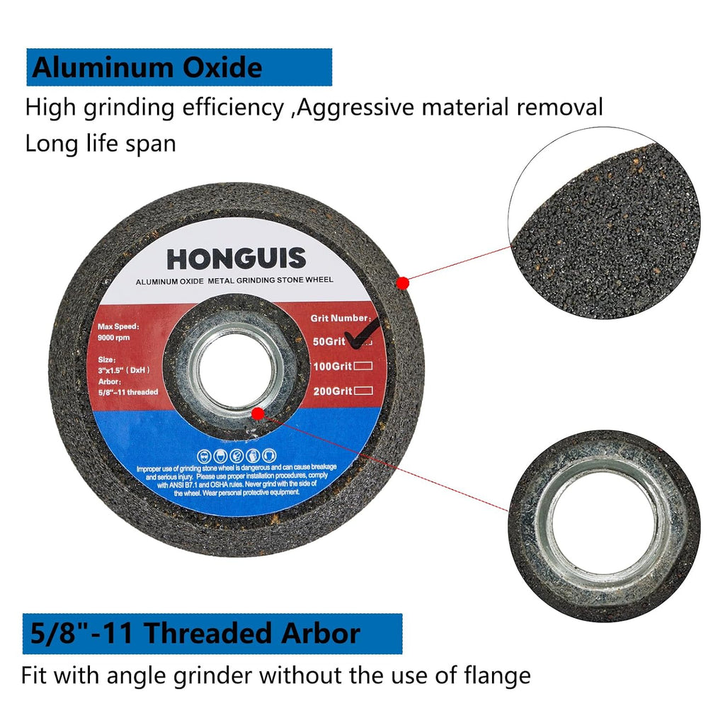 3" Grinding Stone Wheel for Metal, 50 Grit AO Cup, 5/8-11 Arbor