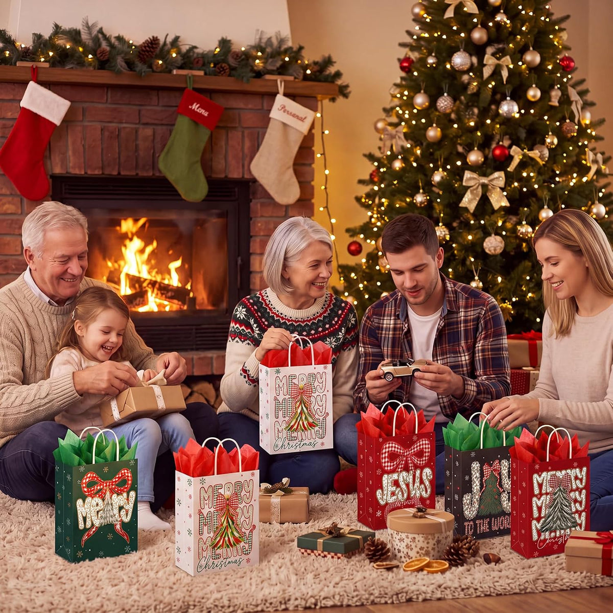 24 Pcs Christmas Gift Bags with Tissue Paper,Classic