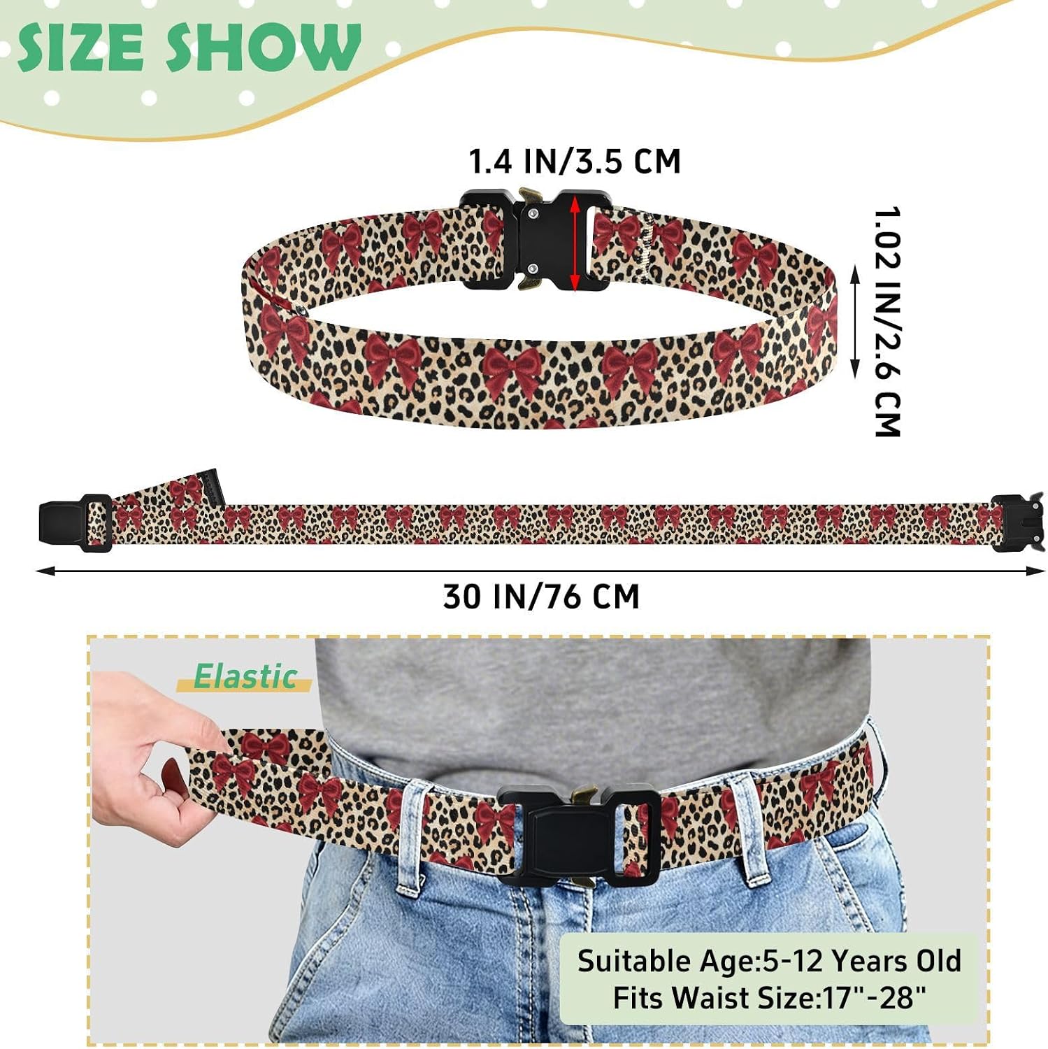 Bow Tie Adjustable Kids Elastic Belts, Girls Boys Stretch Waist Belt with Aluminum Alloy Buckle
